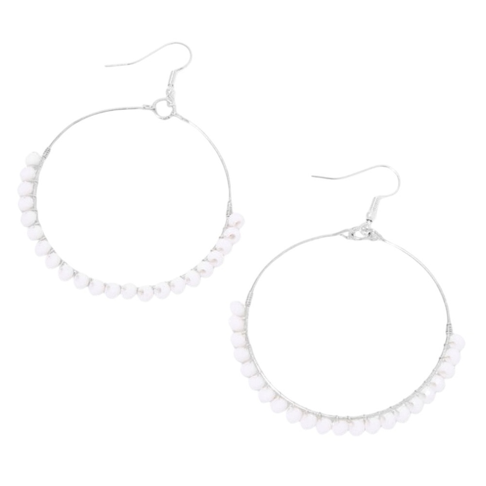 SILVER 60MM WHITE BEADED HOOP DROP EARRINGS